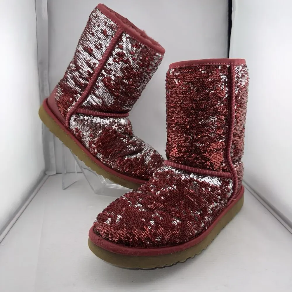 Ugg‎ Australia Women's Red And Silver Sequin Short Boot SN 1003121 US 7